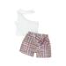 Frobukio 2Pcs Little Girls Outfits Sweet Style Sloping Shoulder Sleeveless Tops + Plaid Bow Decoration Shorts Sets White 1-2 Years