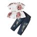 KIMI BEAR Newborn Baby Girls Outfits 6 Months Newborn Girls Summer Outfits 9 Months Newborn Girls Sweet Floral Print Short Sleeve Top + Ripped Denim Pants 2PCs Set Multi-color