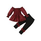 Toddler Girl Plaid Outfits Boat Neck Long Sleeve Shirt Tops and Bow Long Pants Set