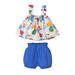 Infant Baby Girls Clothes 3Y Toddler Girls Summer Short Outfit Sets 4Y Sling Marine Life Prints Tops Elastic Bubble Shorts 2PCS Set Blue