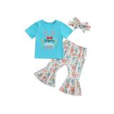 Infant Baby Girl Easter Outfit Short Sleeve Printed T Shirt Tops Flare Pants Headband Summer Outfit