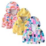 1-6T Kids Girls Waterproof Windbreaker Printed Hooded Zip-up Jackets Lined Rain Jackets - Blue Cat