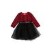 Mioliknya Girls Suit Check Mesh Ruffle Dress Long Sleeve One Piece Fluffy Skirt