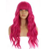 RightOn 23 Hot Pink Wig Long Curly Wig with Bangs Synthetic Wig Women Girls Wig Rose Red Wigs with Wig Cap