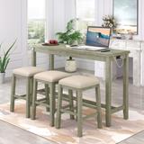 4 Piece Counter Height Dining Table w/ Outlet & 3 Fabric Upholstered Stools, Easy to Assemble for Small Apartments