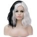 RightOn Black and White Wig Short Curly Wavy Wig Half Black and Half White Wig for Women Girls Synthetic Hair Wigs with Wig Cap