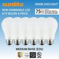 Sunlite LED A19 Light Bulbs 11 Watts (75W Equivalent) Medium Base (E26) Non-Dimmable Frost UL Listed 5000K - Daylight 6-Pack