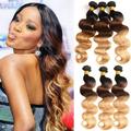 Unique Bargains Ombre Three Town#1B/4/27 Color Black Brown Blonde Brazilian 3 Bundles 100% Human Hair 14 16 16 inch