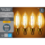 BH&G LED Light Bulb 6.5 Watts (60W Equiv.) B10 Candle Bulb Dimmable E12 Candelabra Base Ultra Warm 4 Pack