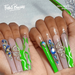 Fofosbeauty 24pcs Press on False Nails Long Coffin Fake Nails Green-White Line Snake Rhinestone