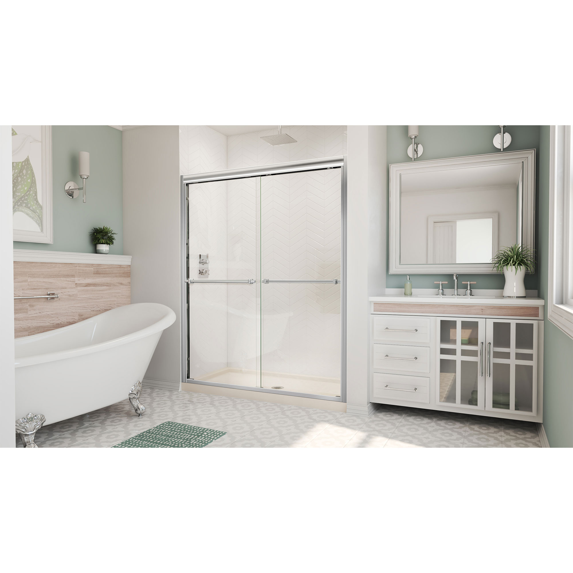 Dreamline DreamLine Duet 36 inch D x 48 inch W x 74 3/4 inch H Semi-Frameless Bypass Shower Door in Chrome with Center Drain Biscuit Shower Base Kit DL-6955C-22-01