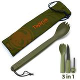 Tapirus Spork Tactical Green | BPA Free Spoon Fork Stainless Steel Knife and Fire Starter | 3 in 1 multipurpose utensil | Outdoor hiking camping & backpacking gear | Fit for MRE