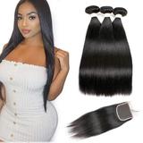 Brazilian Straight Virgin Hair 3 Bundles With Closure Free Part 18 20 22 with 18 Closure 100% Unprocessed Remy Human Hair Extensions Hair Weft Weave With Lace Closure Natural Color