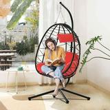 Egg Chair Swing Chair with Stand Outdoor PE Wicker Hanging Chair with Cushion Heavy Duty Lounge Basket Chair 300 lbs Capacity Relaxing Chair for Patio Balcony Backyard Red D6515