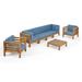 GDF Studio Cascada Outdoor Acacia Wood 6 Seater Sofa and Club Chair Chat Set Teak and Blue