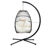 Hanging Swing Chair Rattan Swing Hammock Egg Chair with C Type Bracket Outdoor Patio Wicker Folding Hanging Chair with Cushion & Pillow for Space Outside Outdoor Bar Deck Backyard Patio Beige