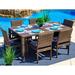 Tuscany 7-Piece Resin Wicker Outdoor Patio Furniture Dining Table Set with Dining Table and Six Cushioned Chairs (Half-Round Brown Wicker Sunbrella Canvas Navy)