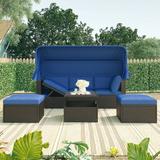 uhomepro Outdoor Sectional Sofa Set 4 Piece Patio Rattan Daybed with Retractable Canopy Adjustable Back UV-Proof Resin Wicker Patio Sofa Set with Cushions Pillows and Lifting Table Blue