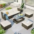 Private Jungle Outdoor PE Rattan Sectional Sofa 5-Piece Patio Wicker Sofa with Adustable Backrest Cushions Ottomans and Lift Top Coffee Table (Beige)