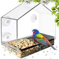 Deluxe Clear Window Bird Feeder Large Wild Birdfeeder With Drain Holes Removable Tray Super Strong Suction Cups Transparent Viewing Covered High Seed Capacity Rubber Perch!
