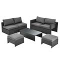 Patiojoy 6PCS Patio Rattan Furniture Set Outdoor All Weather Wicker Conversation Set w/Cushioned Ottoman & Coffee Table