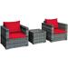 Gymax 3-Pieces Patio Conversation Rattan Furniture Set Outdoor with Red Cushion