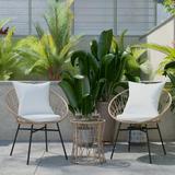BizChair 3-Piece Tan Indoor/Outdoor Bistro Set Papasan Style Rattan Rope Chairs Glass Top Side Table & Light Gray Cushions