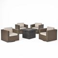 GDF Studio Venice Outdoor Wicker 5 Piece Swivel Club Chair and Gray Fire Pit Set with Cushions Brown and Ceramic Gray