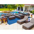 Sorrento 21-Piece Resin Wicker Outdoor Patio Furniture Combination Set in Brown w/ Sectional Set Eight-seat Dining Set and Chaise Lounge Set (Flat-Weave Brown Wicker Sunbrella Canvas Taupe)