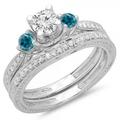 Dazzlingrock Collection 1.00 Carat (ctw) 14K Blue & White Diamond 3 Stone Bridal Engagement Ring Set 1 CT White Gold Size 8.5