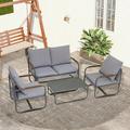 4 Piece Patio Sofa Conversation Set Rattan Patio Chair Outdoor Furniture Set Gray Wicker Sofa Set with Coffee Table and Blue Cushion for Backyard Lawn Garden Poolside Balcony