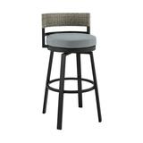 Armen Living Encinitas Outdoor Patio Swivel Bar Stool in Aluminum and Wicker with Grey Cushions