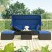 4 Pieces Outdoor Sectional Furniture Set Patio PE Wicker Daybed Sunbed with Canopy Ottomans and Coffee Table Cushioned Conversation Set for Backyard Porch Balcony Deck Poolside Blue D6275