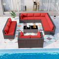 Gotland Outdoor Patio Furniture Set 14 Pieces Sectional Rattan Sofa Set PE Rattan Wicker Patio Conversation Set with Seat Cushions and Tempered Glass Table red
