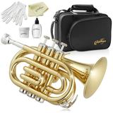 Ashthorpe Bb Brass Pocket Trumpet with Gold Lacquer Finish Includes Case Mouthpiece Gloves Cleaning Cloth Valve Oil