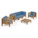 GDF Studio Cascada Outdoor Acacia Wood 5 Seater Sofa and Club Chair Chat Set with Cushions Teak and Blue