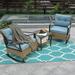 3 Piece Patio Rocking Chairs Rocking Conversation Set with Blue Cushions and Coffee Table Outdoor All Weather Wicker Bistro Furniture Set for Porch Lawn Balcony Backyard D8007