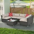 7 Piece Patio Furniture Sets Outdoor Sectional PE Rattan Outdoor Furniture Patio Conversation Set with Cushions and Glass Coffee Table for Balcony Lawn and Garden Beige