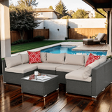 7 Piece Patio Furniture Sets Outdoor Sectional PE Rattan Outdoor Furniture Patio Conversation Set with Cushions and Glass Coffee Table for Balcony Lawn and Garden Beige