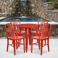 BizChair Commercial Grade 24 Round Red Metal Indoor-Outdoor Table Set with 4 Vertical Slat Back Chairs