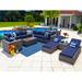 Tuscany 19-Piece Resin Wicker Outdoor Patio Furniture Combination Set with Sectional Set Round Dining Set and Chaise Lounge Set (Half-Round Gray Wicker Sunbrella Canvas Navy)