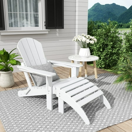 WestinTrends Malibu Outdoor Lounge Chair 2-Pieces Adirondack Chair Set with Ottoman All Weather Poly Lumber Patio Lawn Folding Chairs for Outside Pool Garden Backyard Beach White