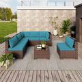 Kullavik Outdoor Patio Furniture Set 7 Pieces Sectional Rattan Wicker Furniture Sofa Set Patio Conversation Set with Tempered Glass Table and Seat Cushion Blue