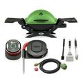 Weber Q 1200 Gas Grill (Green) with Adapter Hose Thermometer and Tool Set