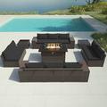 ALAULM 13 Piece Large Outdoor Furniture Set 10 Seater Wicker Patio Furniture Set All Weather Wicker Conversation Set with 43 Fire Pit Table has 10 Seats 2 Coffee Tables and 4 Cushion Black