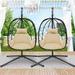 2PCS Wicker Egg Chair BTMWAY Indoor Outdoor Swing Chair with Stand and Removable Cushion All-Weather Rattan Hanging Basket Chair Hammock Chair for Patio Balcony Porch Garden 265lbs Capacity Cream