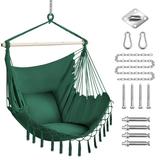 Large Hammock Chair w/Detachable Metal Support Bar Hanging Chair Max 250 Lbs 14 Hardwares 2 Seat Cushions Side Pocket Hanging Rope Swing Chair for Indoor/Outdoor/Bedroom/Patio/Yard (Green)