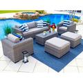 Tuscany 6-Piece L Resin Wicker Outdoor Patio Furniture Lounge Sofa Set in Gray w/Three-seat Sofa Two Armchairs Two Ottomans and Coffee Tableâ€¦ (Half-Round Gray Wicker Polyester Light Gray)