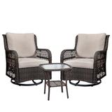 3 Pieces Outdoor Wicker Swivel Patio Set 360Â° Swivel Rocking Patio Chairs of 2 with Side Table and Fabric Cushions for Outside Yard Garden Balcony (Beige)