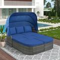 Churanty Outdoor Patio Furniture Set Daybed Sunbed PE Wicker Sectional Sofa Set with Retractable Canopy/Lift Top Coffee Table Rattan Conversation Set Blue